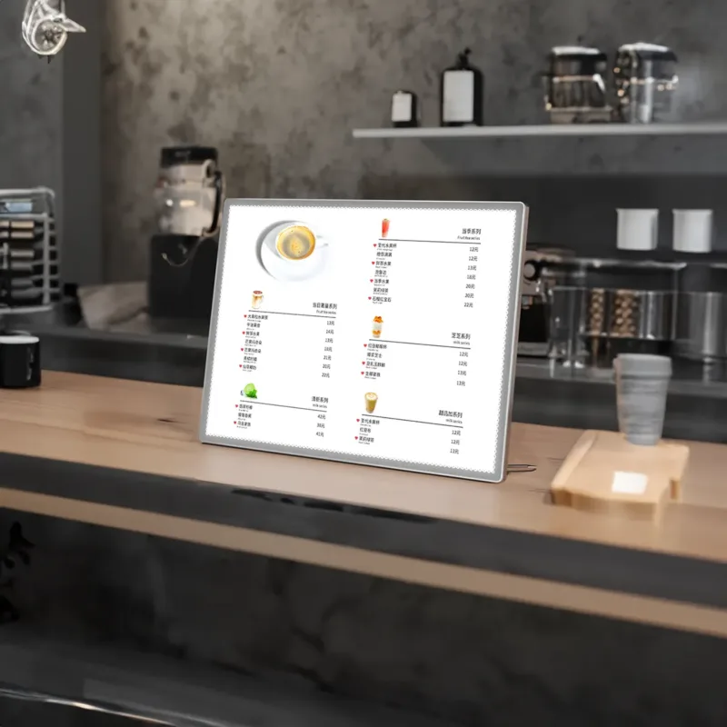 Slim Menu Poster Light Box on table for shop